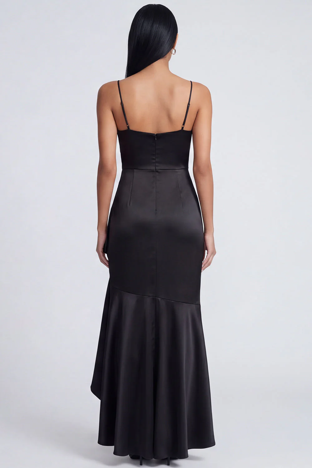 Black Sheath Spaghetti Straps Satin Evening Dress with Ruffle Slit - Image 2