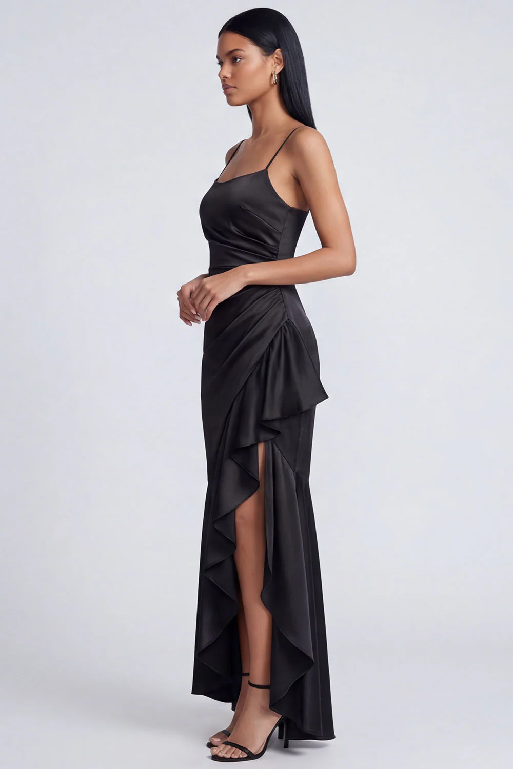 Black Sheath Spaghetti Straps Satin Evening Dress with Ruffle Slit - Image 3