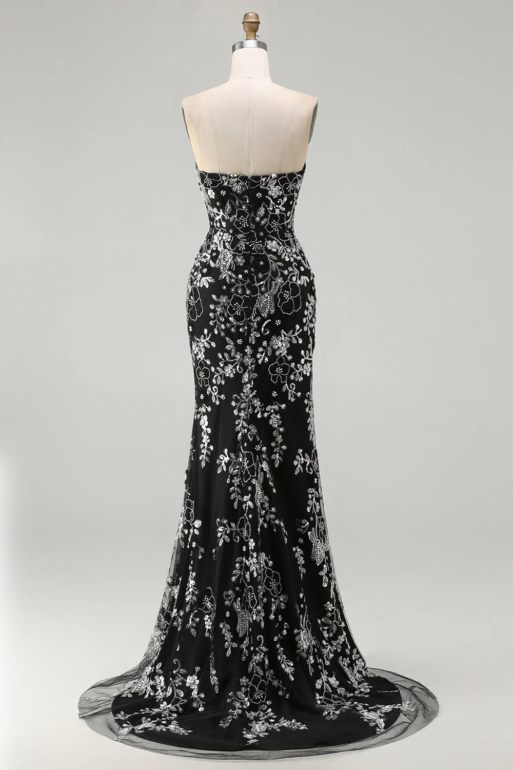 Black Mermaid Strapless Appliqued Long Prom Dress with Beading - Image 2