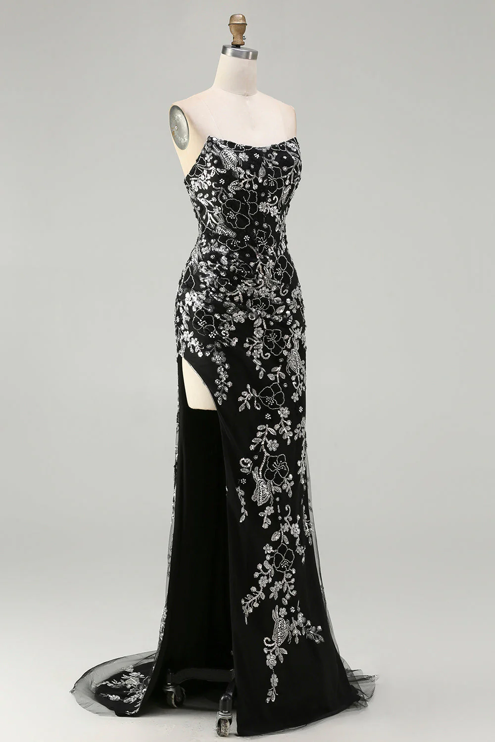 Black Mermaid Strapless Appliqued Long Prom Dress with Beading - Image 3