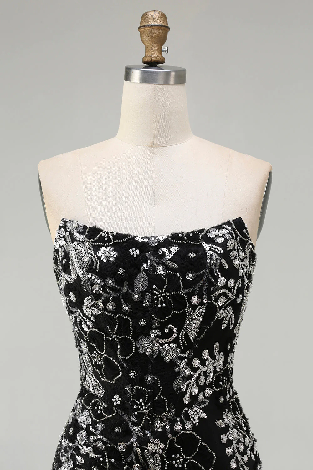 Black Mermaid Strapless Appliqued Long Prom Dress with Beading - Image 4