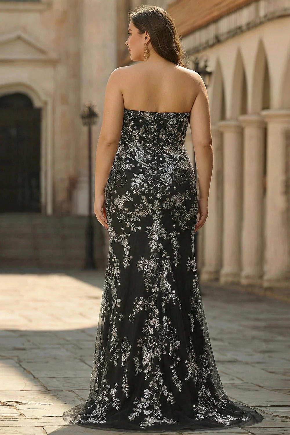 Black Mermaid Strapless Long Plus Size Prom Dress with Beading - Image 2