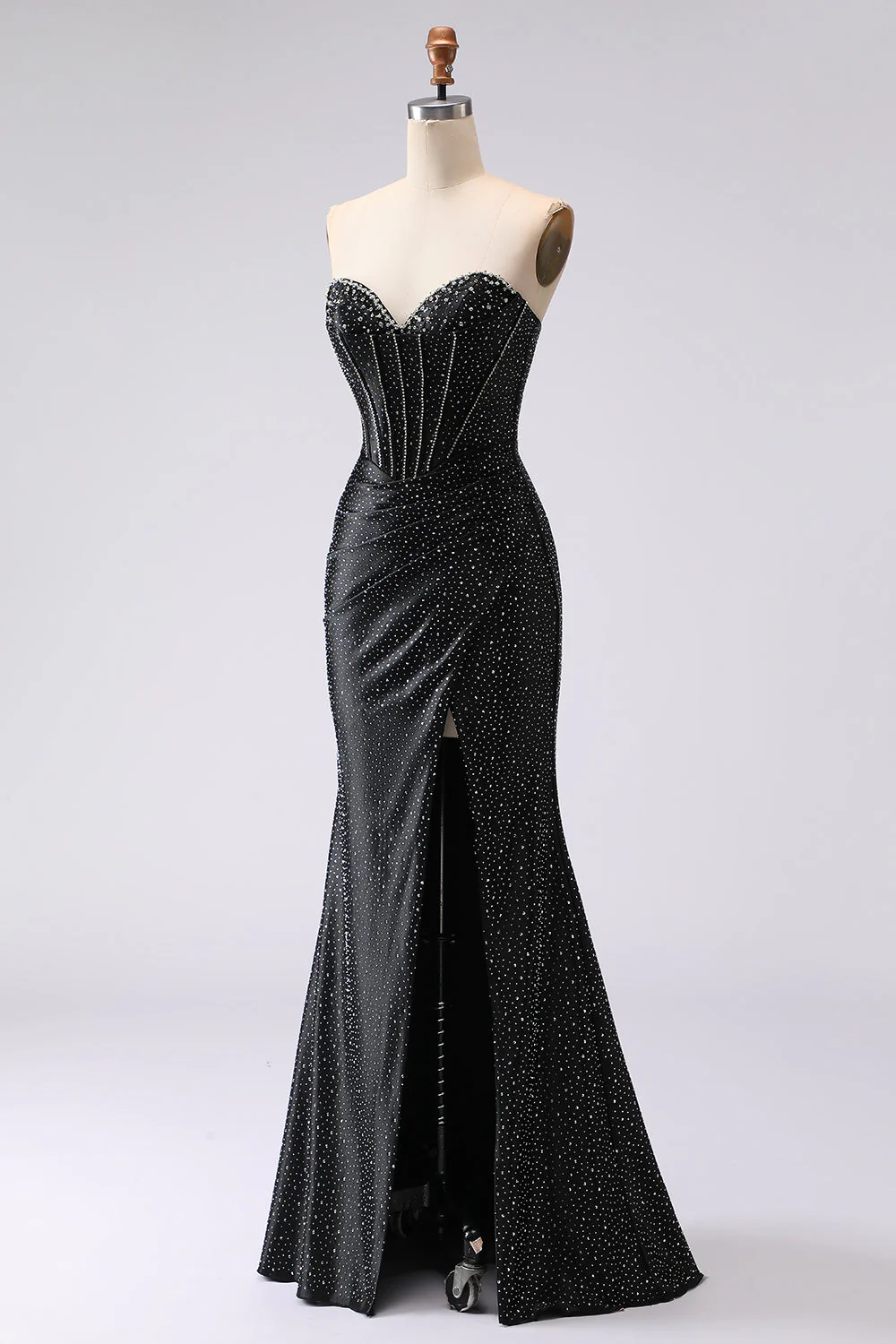 Black Mermaid Sweetheart Beaded Corset Long Prom Dress with Slit - Image 3