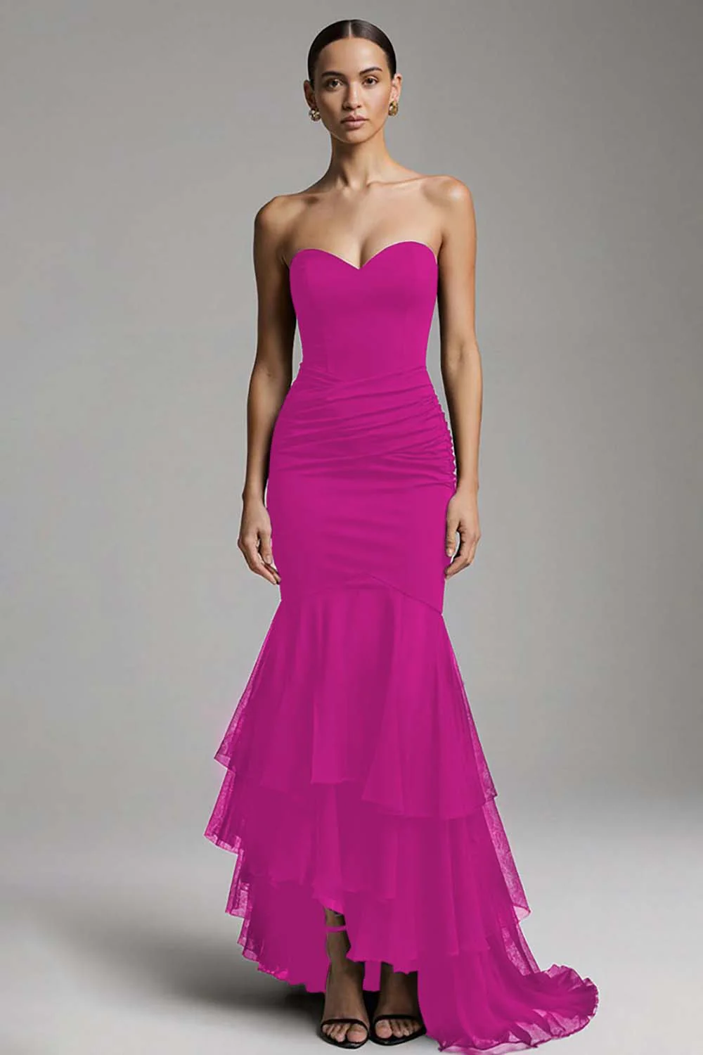Black Mermaid Sweetheart Sweep Train Maxi Evening Dress with Ruffles - Image 10