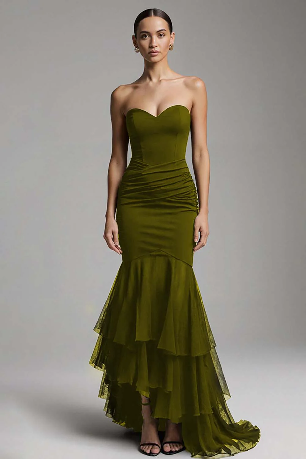 Black Mermaid Sweetheart Sweep Train Maxi Evening Dress with Ruffles - Image 11