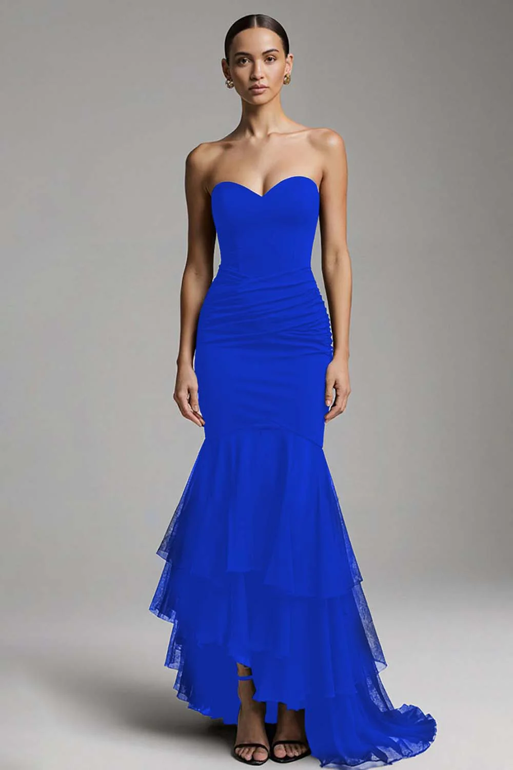Black Mermaid Sweetheart Sweep Train Maxi Evening Dress with Ruffles - Image 12