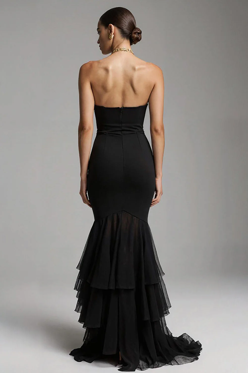 Black Mermaid Sweetheart Sweep Train Maxi Evening Dress with Ruffles - Image 2