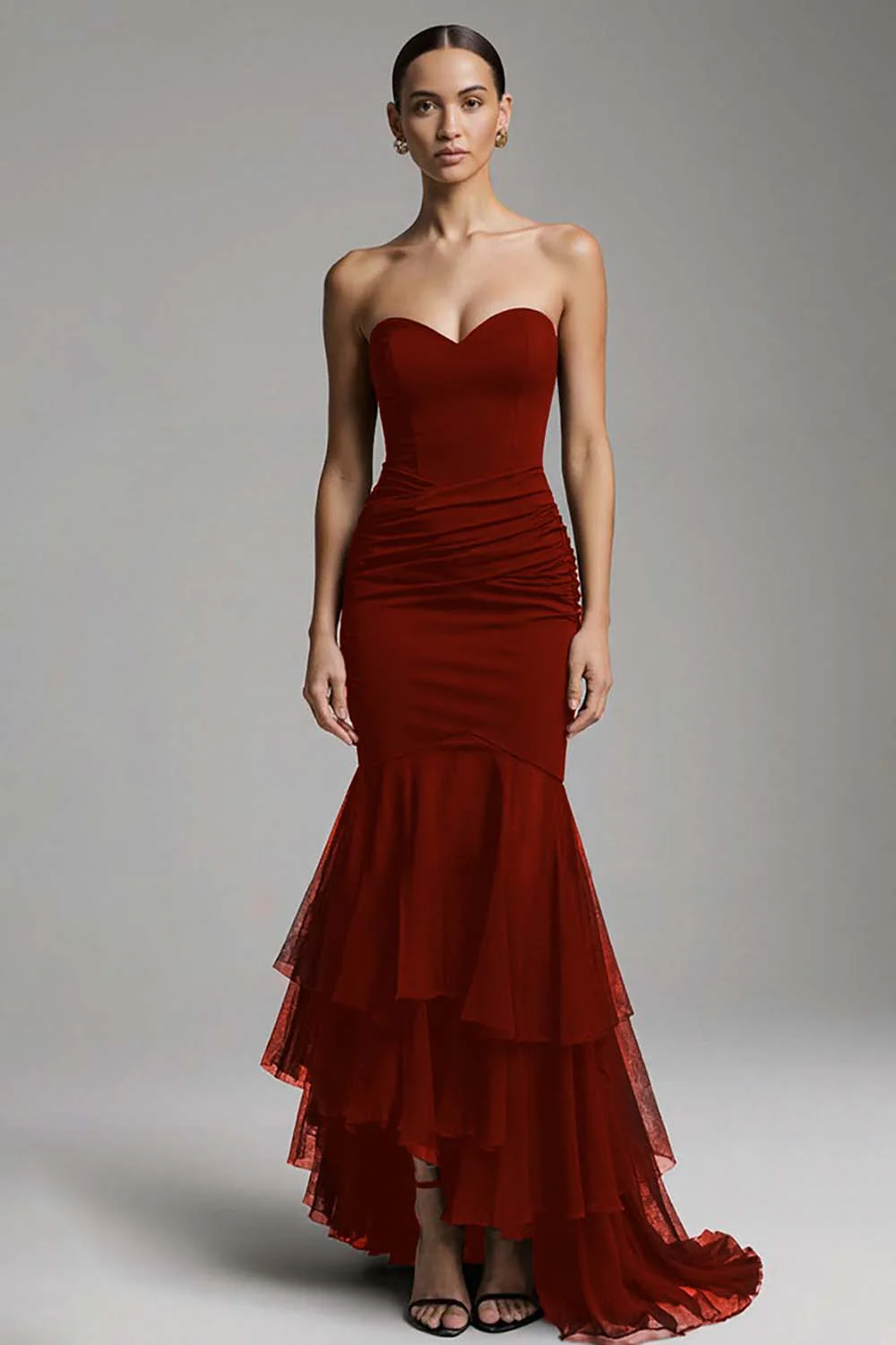 Black Mermaid Sweetheart Sweep Train Maxi Evening Dress with Ruffles - Image 6