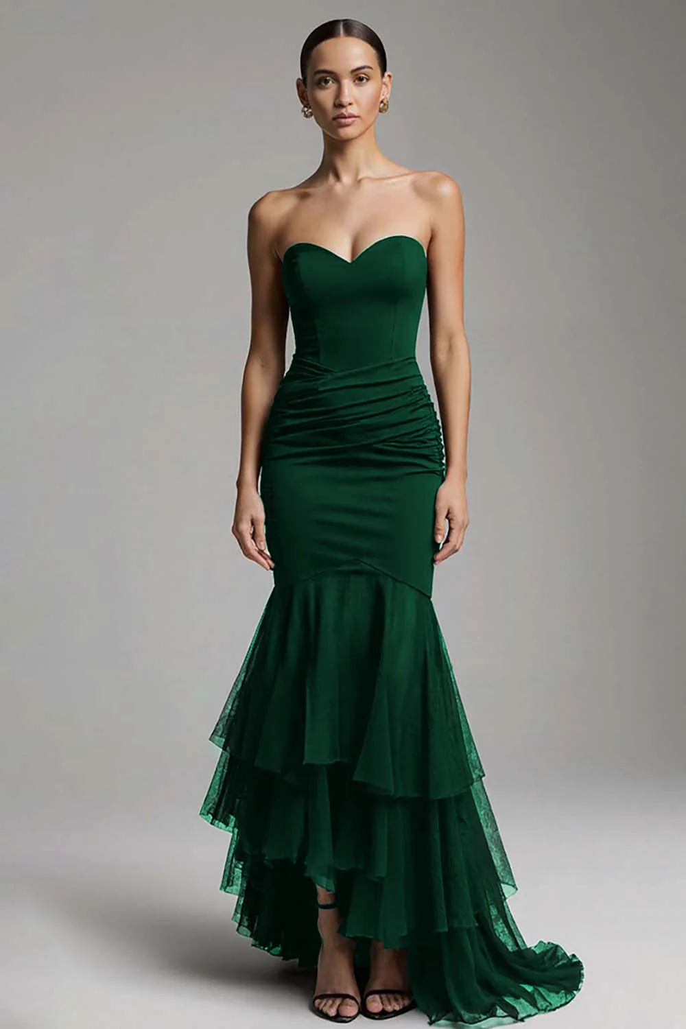 Black Mermaid Sweetheart Sweep Train Maxi Evening Dress with Ruffles - Image 7