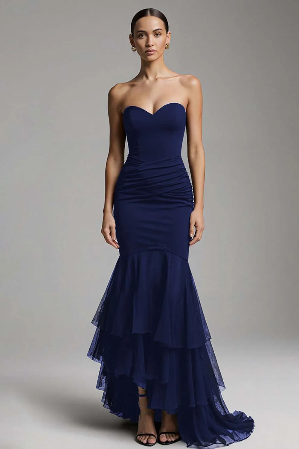 Black Mermaid Sweetheart Sweep Train Maxi Evening Dress with Ruffles - Image 8