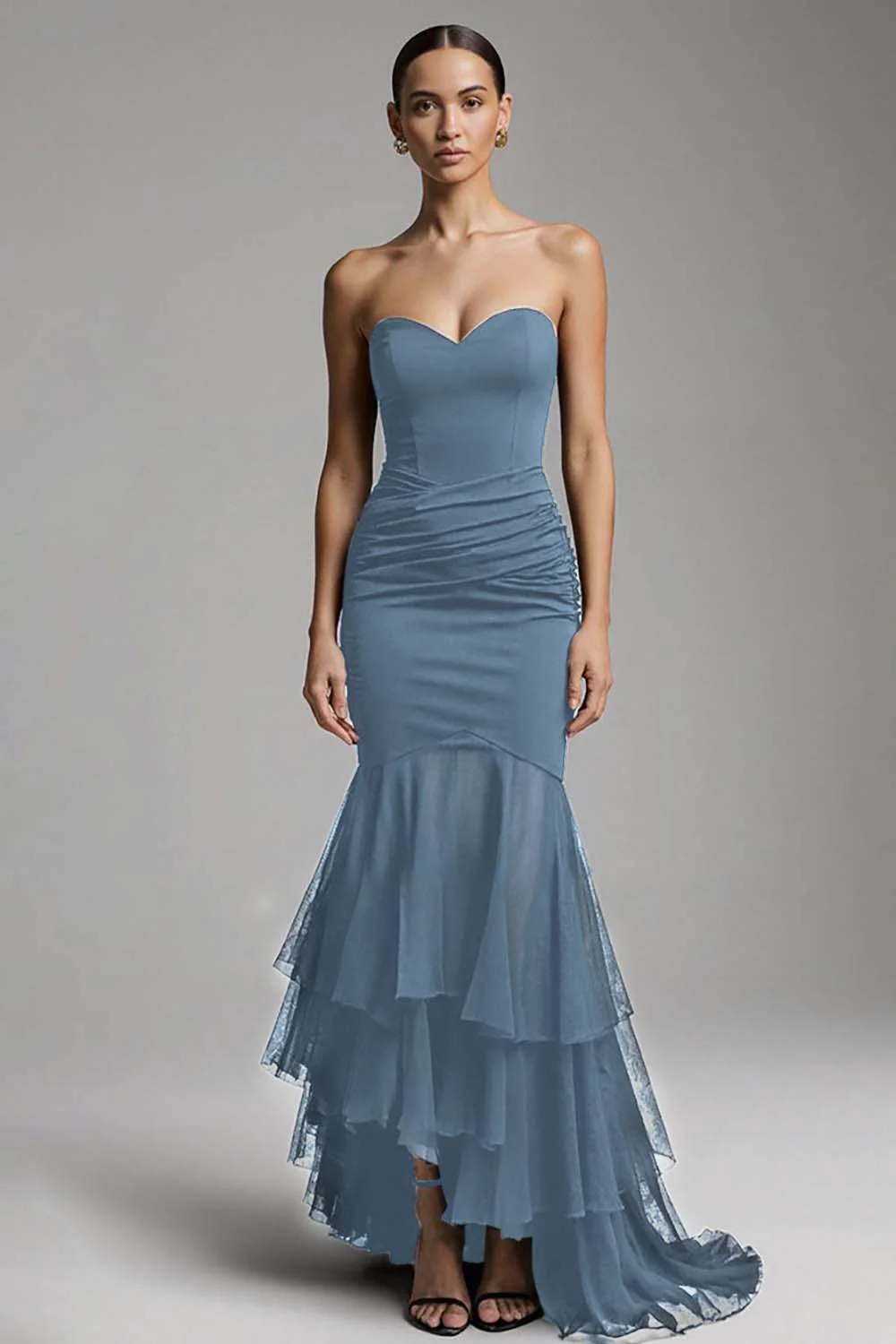 Black Mermaid Sweetheart Sweep Train Maxi Evening Dress with Ruffles - Image 9
