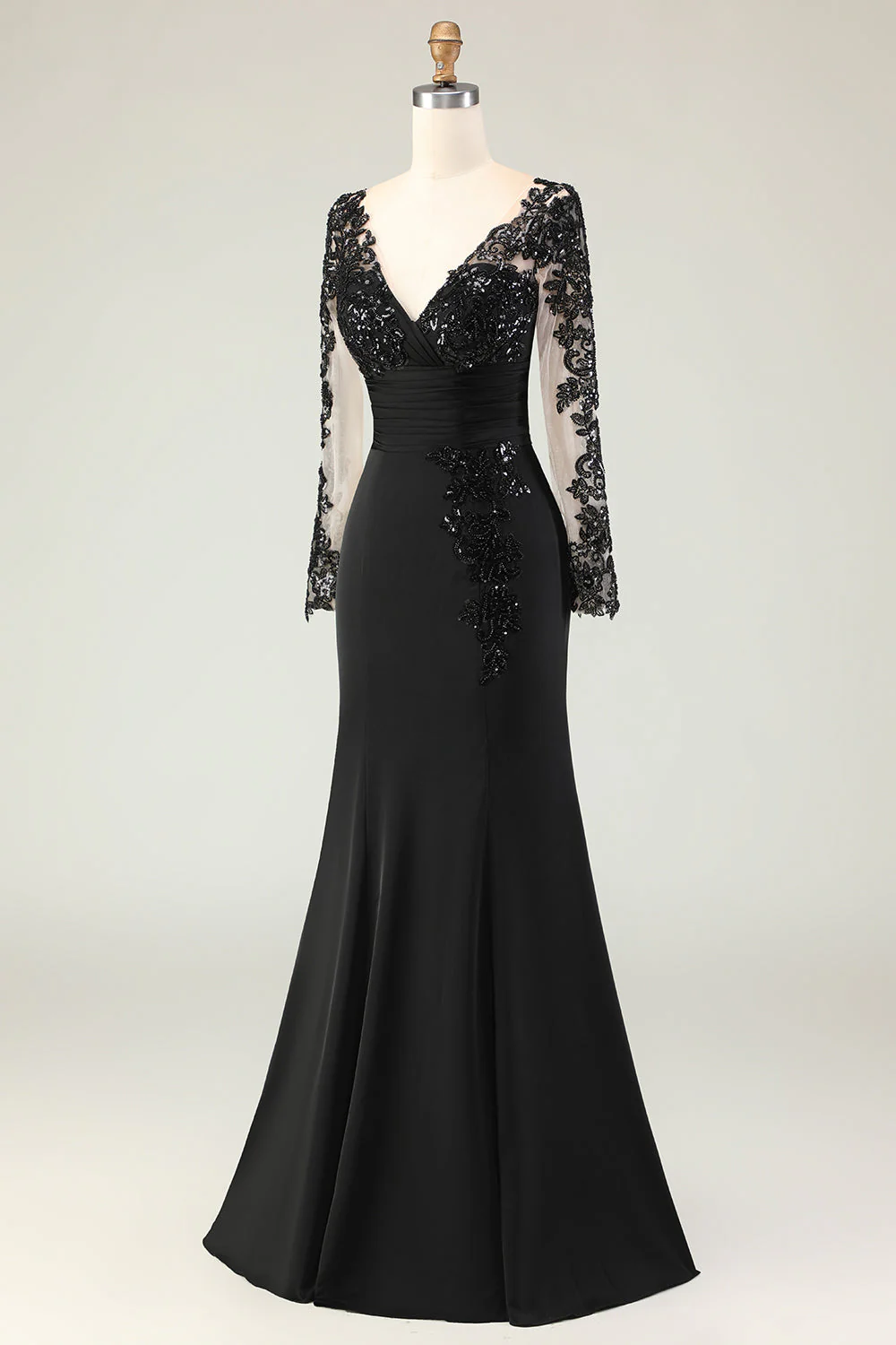 Black Mermaid V-Neck Long Mother of the Bride Dress with Lace Appliques - Image 5