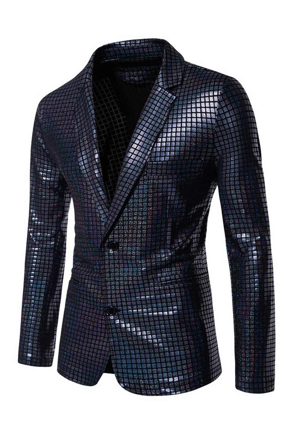 Black Metallic Grid Single Breasted Notched Lapel 2-Piece Men's Prom Suits - Image 3