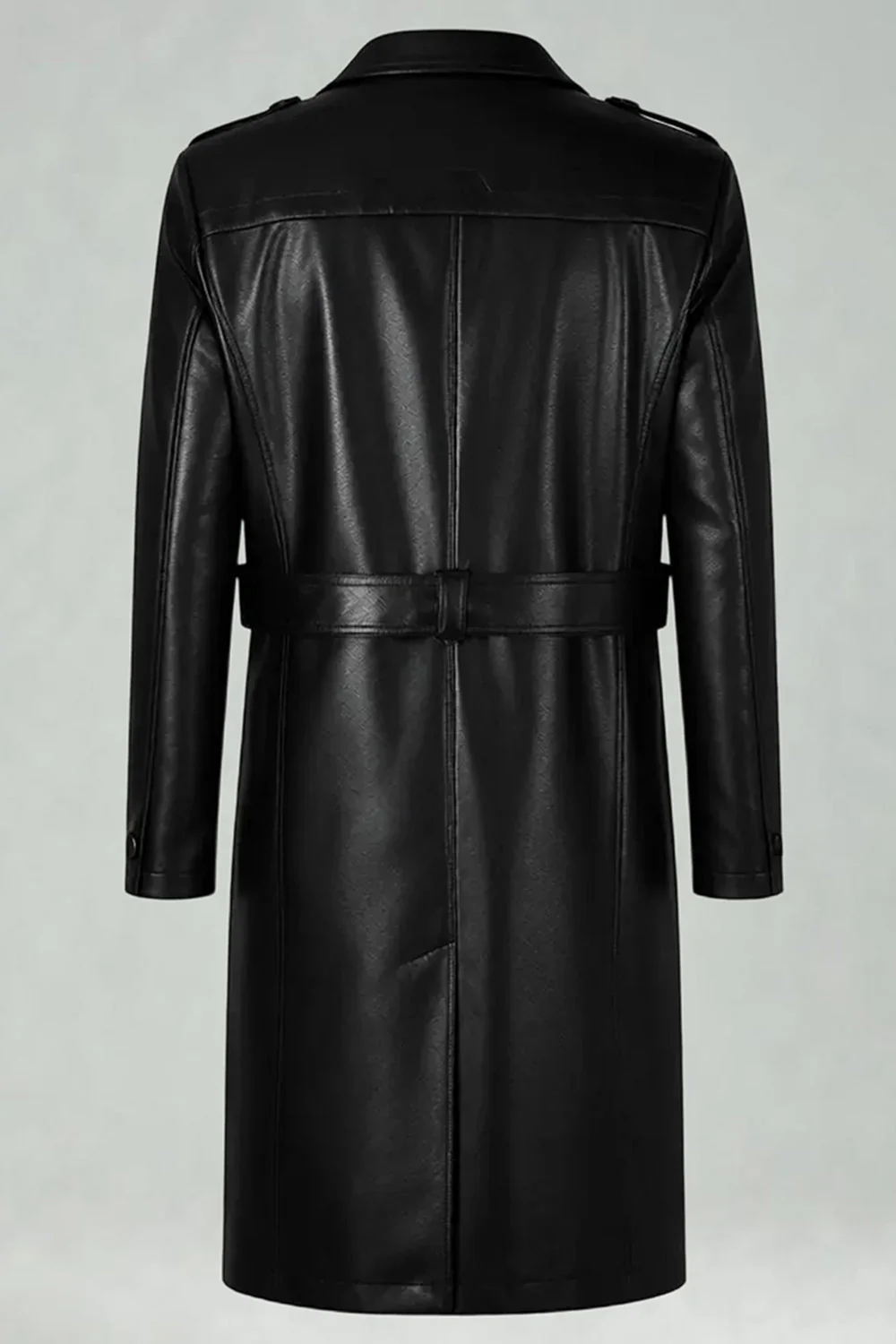 Black Notched Lapel Leather Double Breasted Men's Long Trench Coat - Image 2