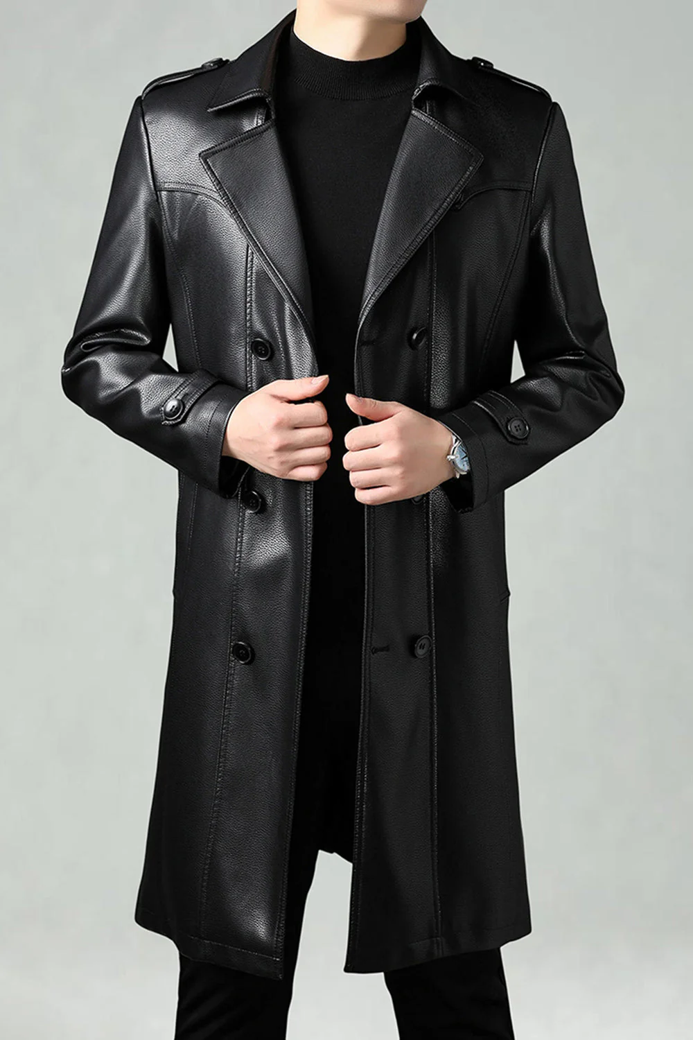 Black Notched Lapel Leather Double Breasted Men's Long Trench Coat - Image 3