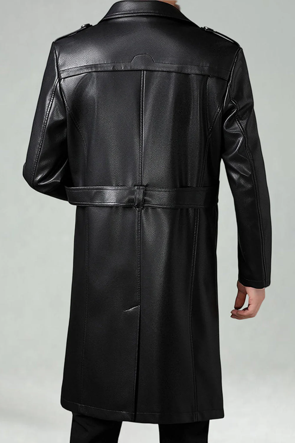Black Notched Lapel Leather Double Breasted Men's Long Trench Coat - Image 4