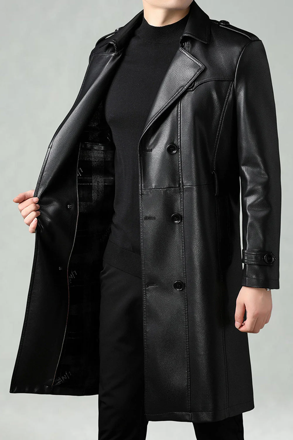 Black Notched Lapel Leather Double Breasted Men's Long Trench Coat - Image 6