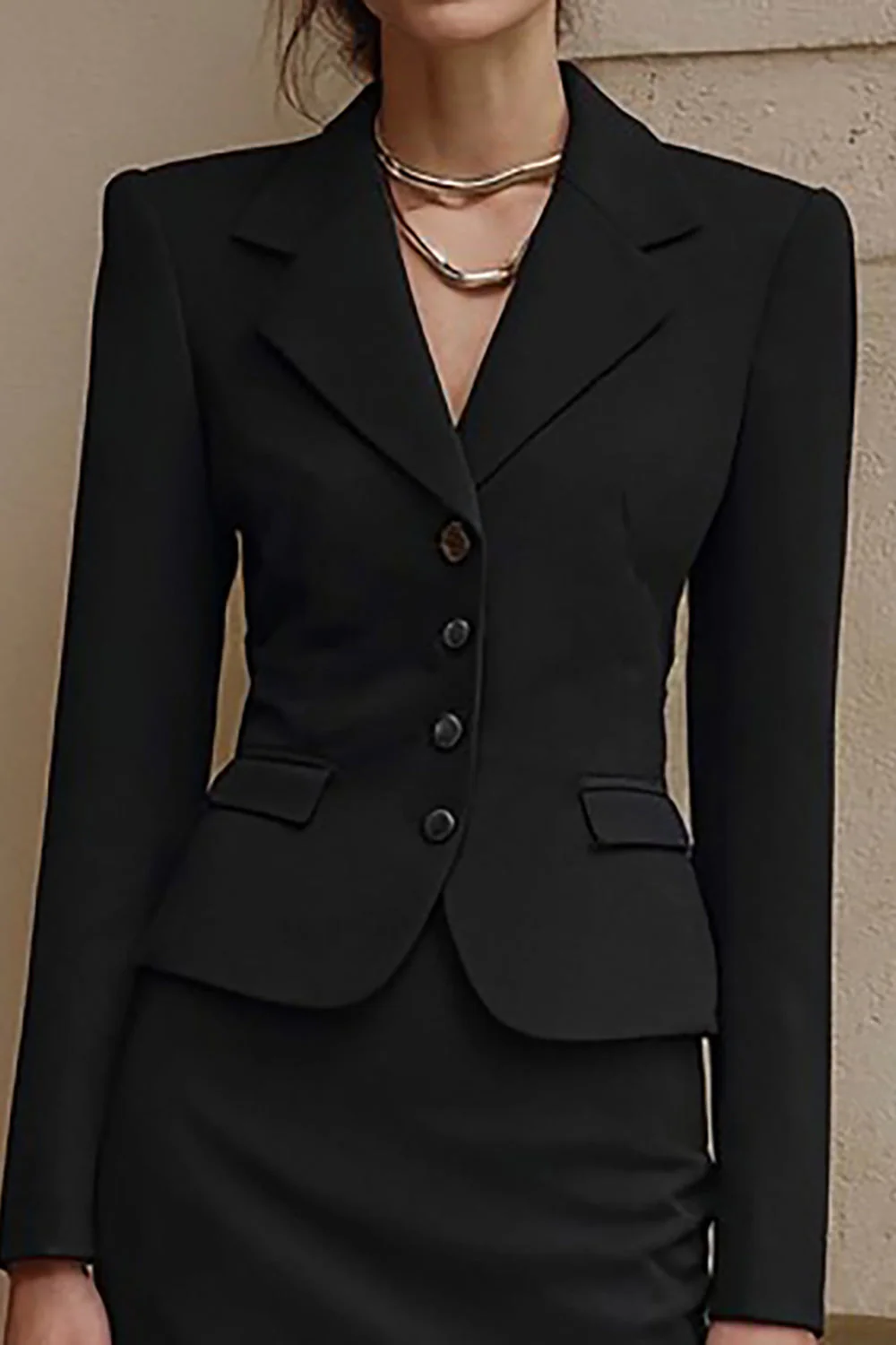 Black Notched Lapel Pencil 2 Piece Midi Work Dress - Image 2
