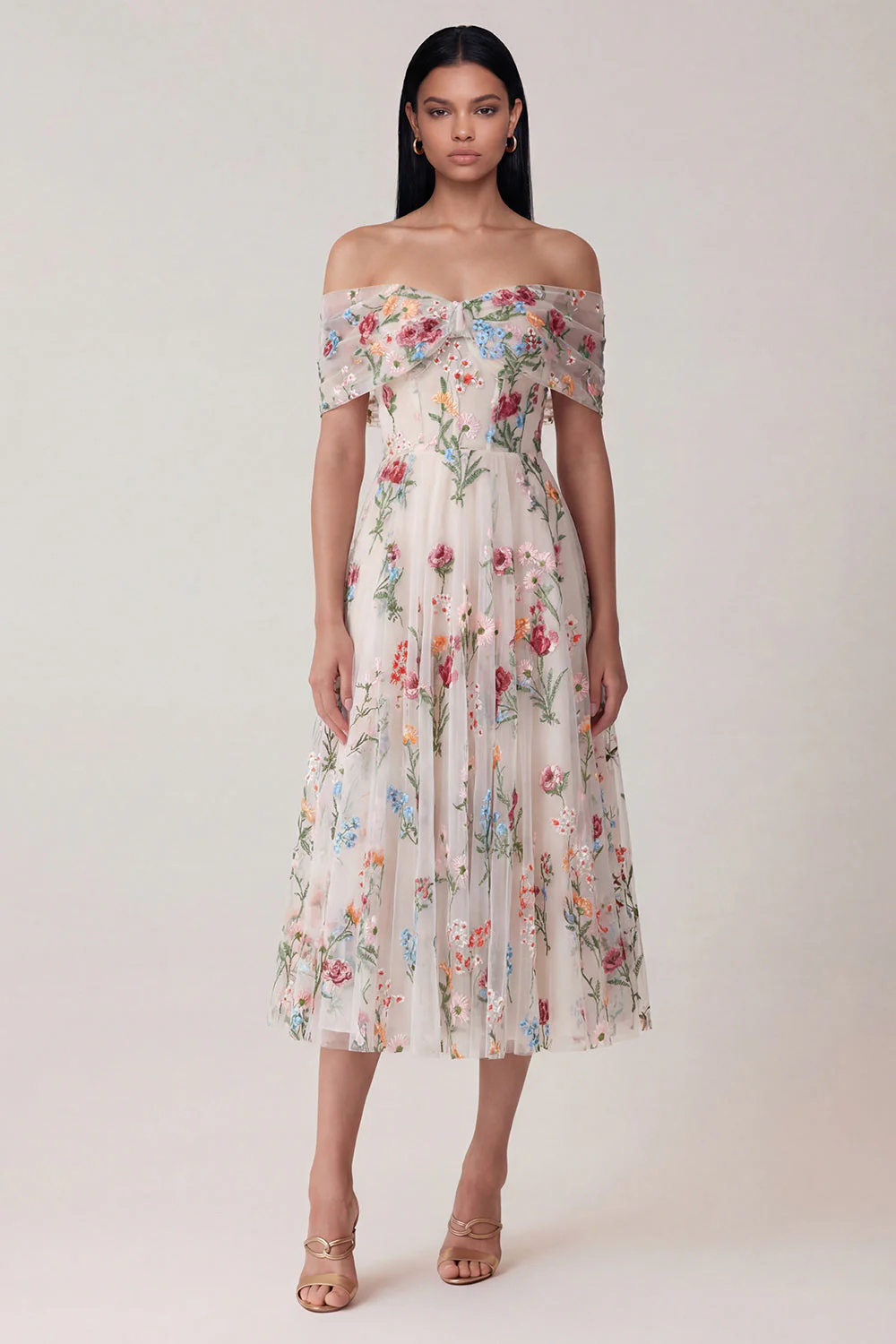 Black Off the Shoulder Embroidered A Line Tulle Midi Dress - Image 3