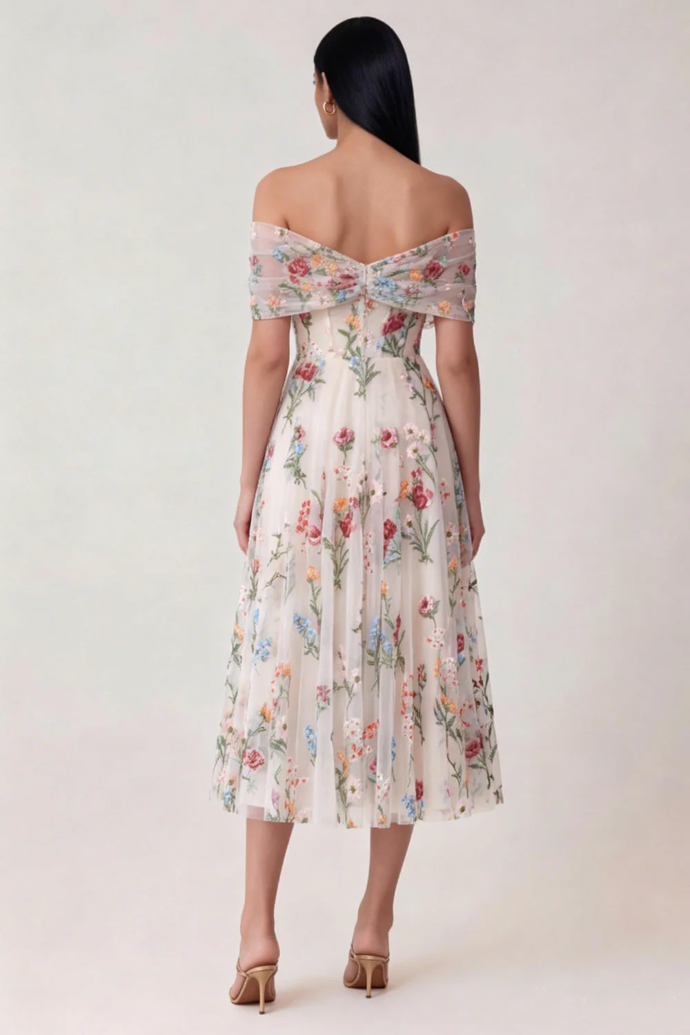 Black Off the Shoulder Embroidered A Line Tulle Midi Dress - Image 4