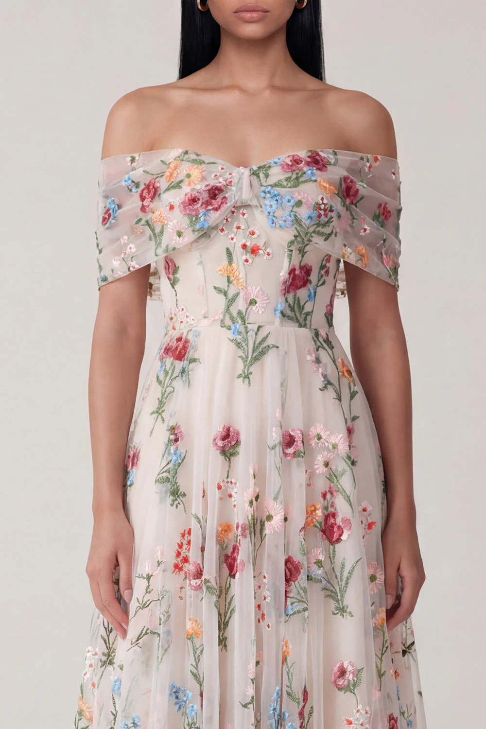 Black Off the Shoulder Embroidered A Line Tulle Midi Dress - Image 5