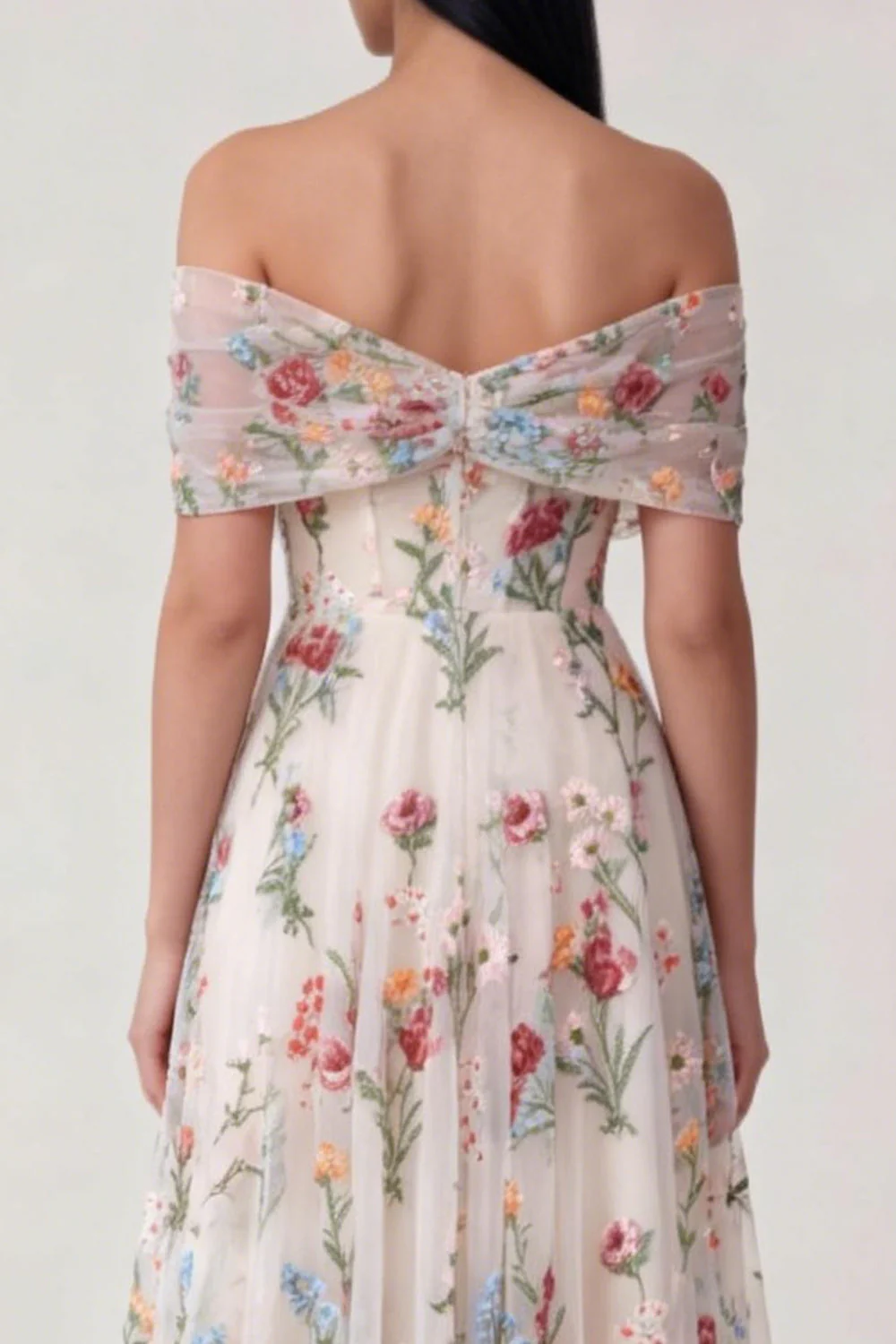 Black Off the Shoulder Embroidered A Line Tulle Midi Dress - Image 6