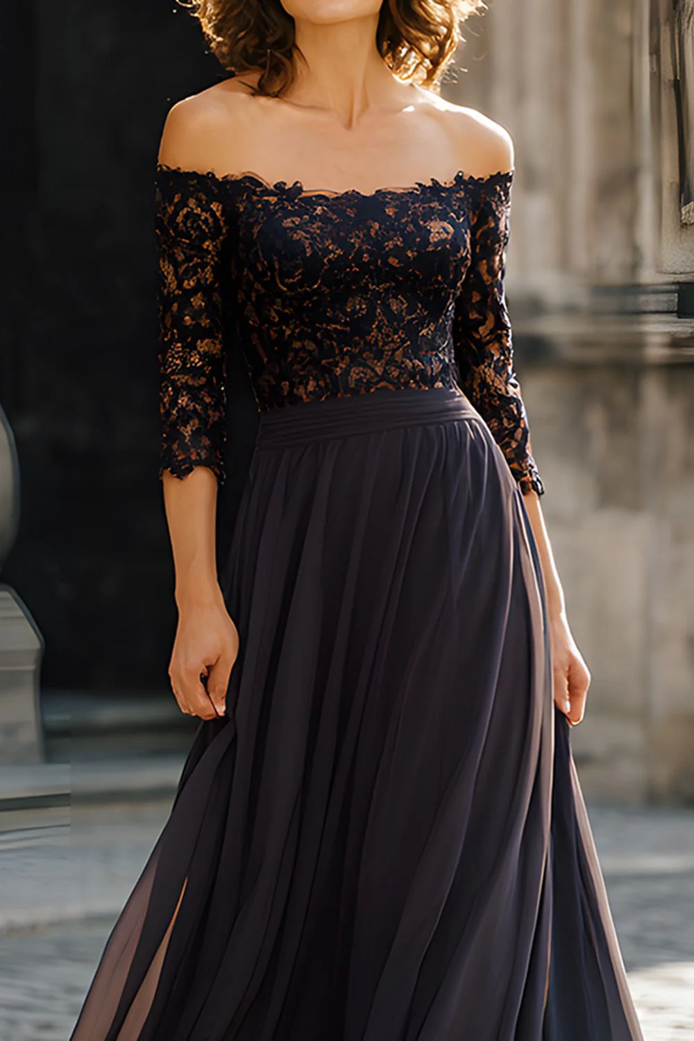 Black Off the Shoulder Chiffon Long Mother of the Bride Dress with Lace - Image 3