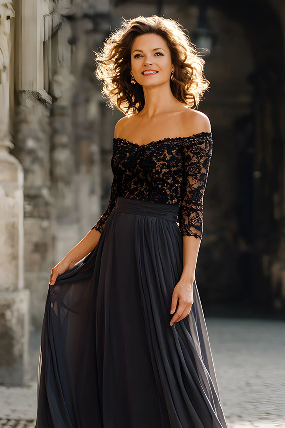 Black Off the Shoulder Chiffon Long Mother of the Bride Dress with Lace - Image 4