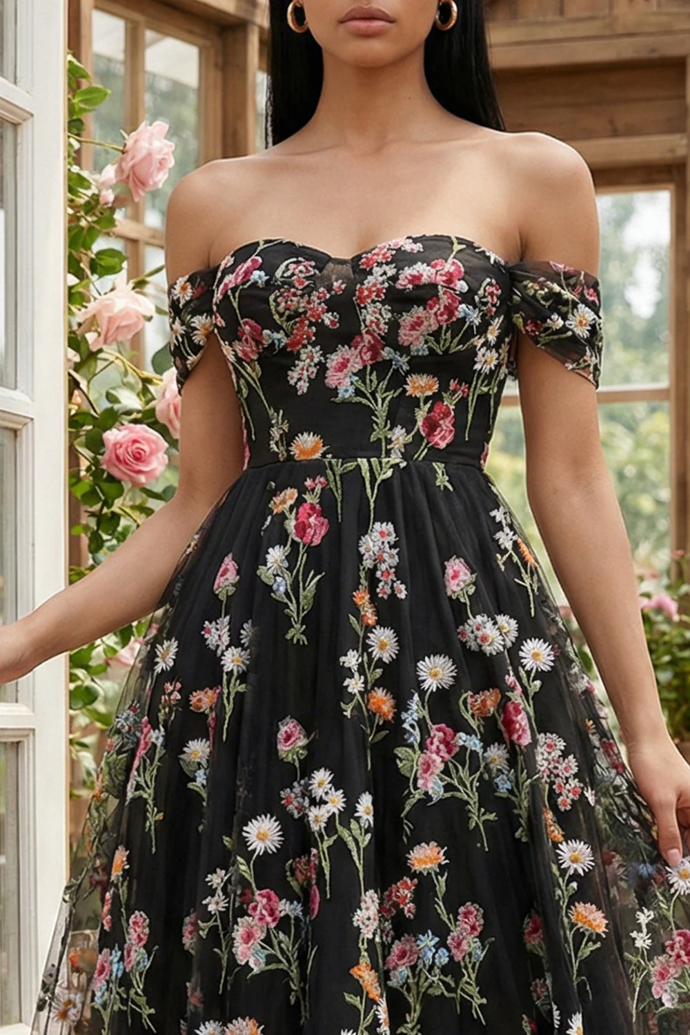 Black Off the Shoulder Flower Corset Appliqued A Line Tulle Midi Dress - Image 3