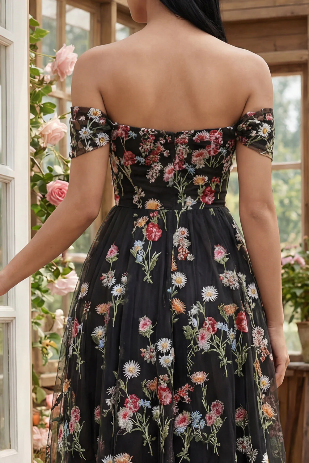 Black Off the Shoulder Flower Corset Appliqued A Line Tulle Midi Dress - Image 4
