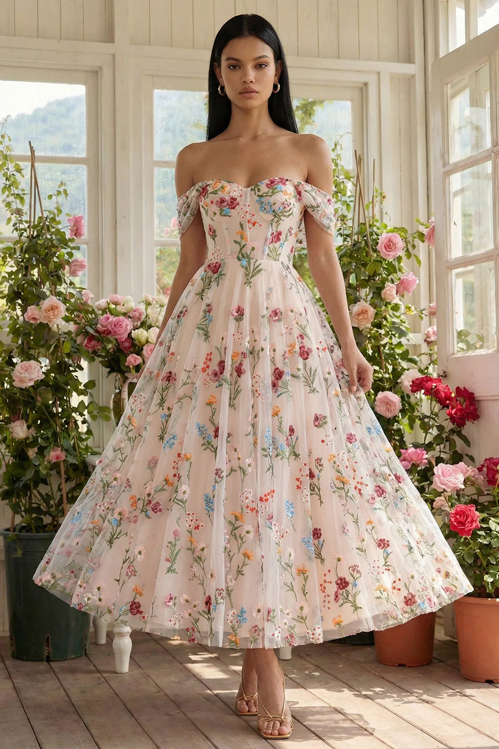 Black Off the Shoulder Flower Corset Appliqued A Line Tulle Midi Dress - Image 5