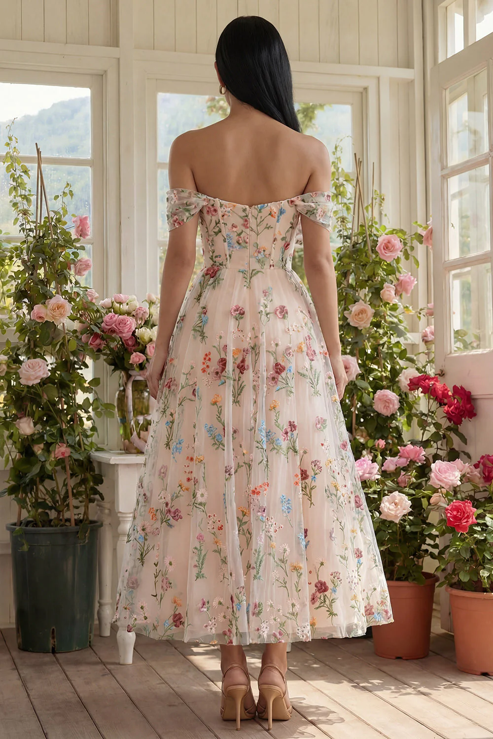 Black Off the Shoulder Flower Corset Appliqued A Line Tulle Midi Dress - Image 6
