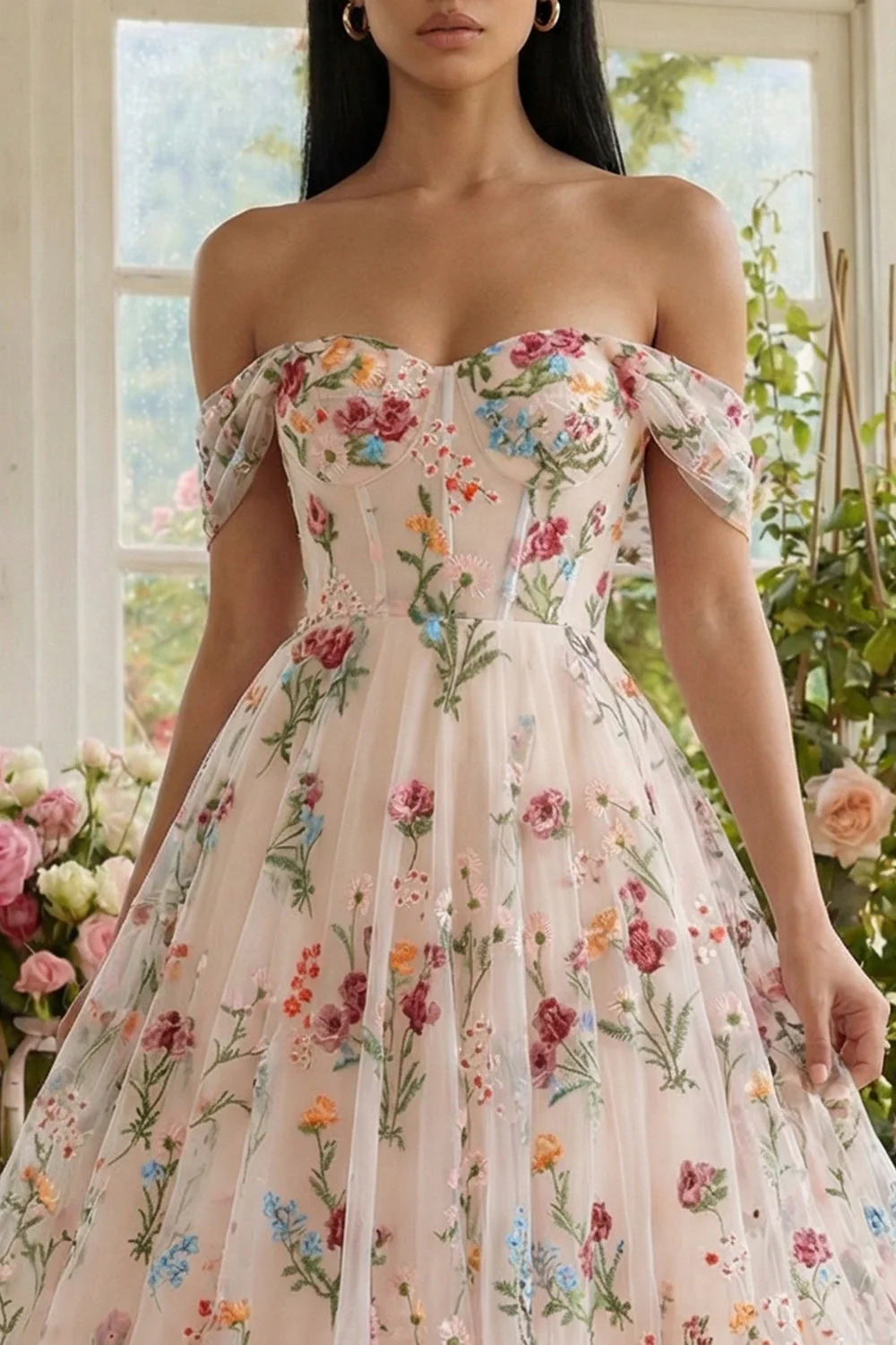 Black Off the Shoulder Flower Corset Appliqued A Line Tulle Midi Dress - Image 7