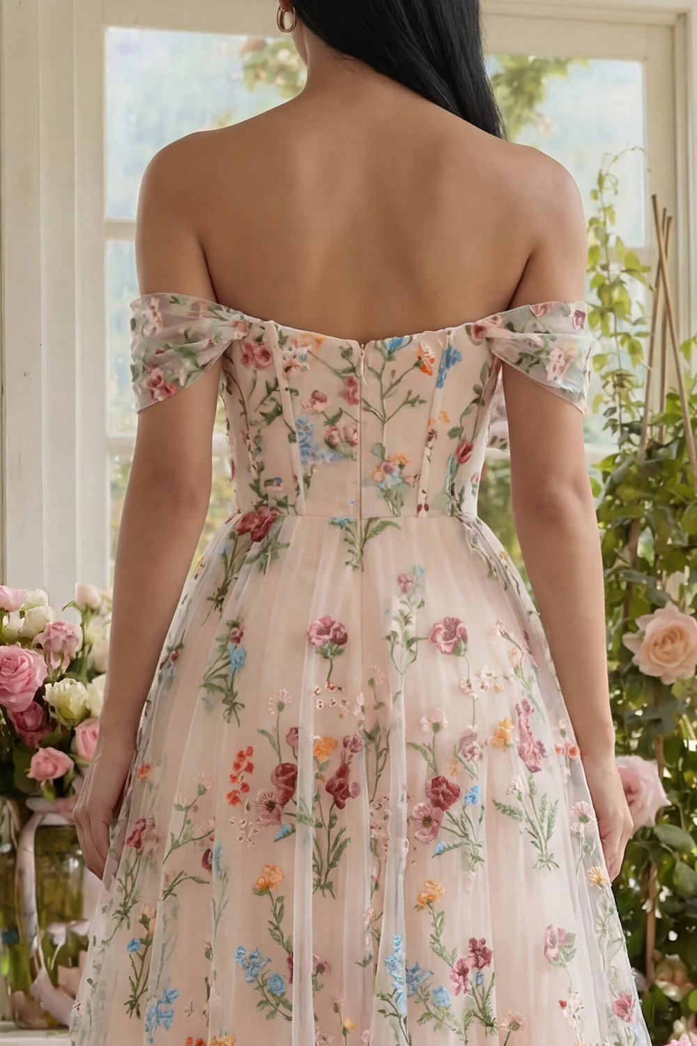 Black Off the Shoulder Flower Corset Appliqued A Line Tulle Midi Dress - Image 8