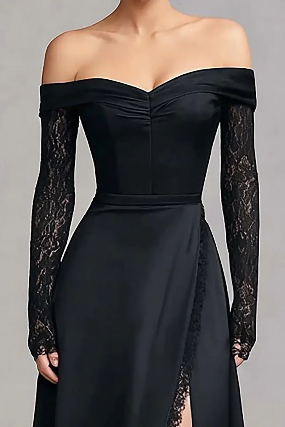 Off the Shoulder Mermaid Satin Black Tie Dress with Long Sleeves - Image 2