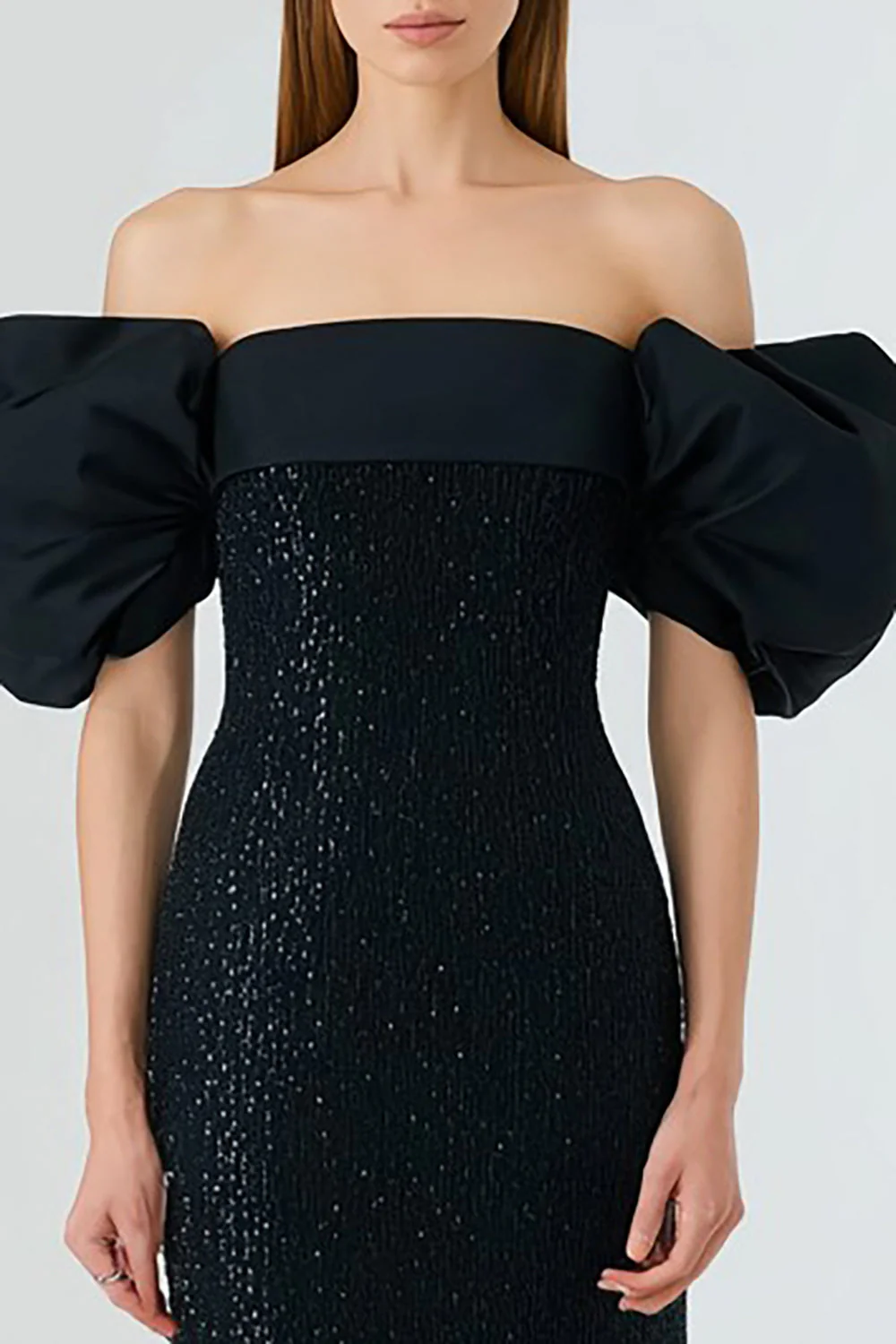 Black Off the Shoulder Mermaid Sequin Puff Sleeve Long Evening Dress - Image 2