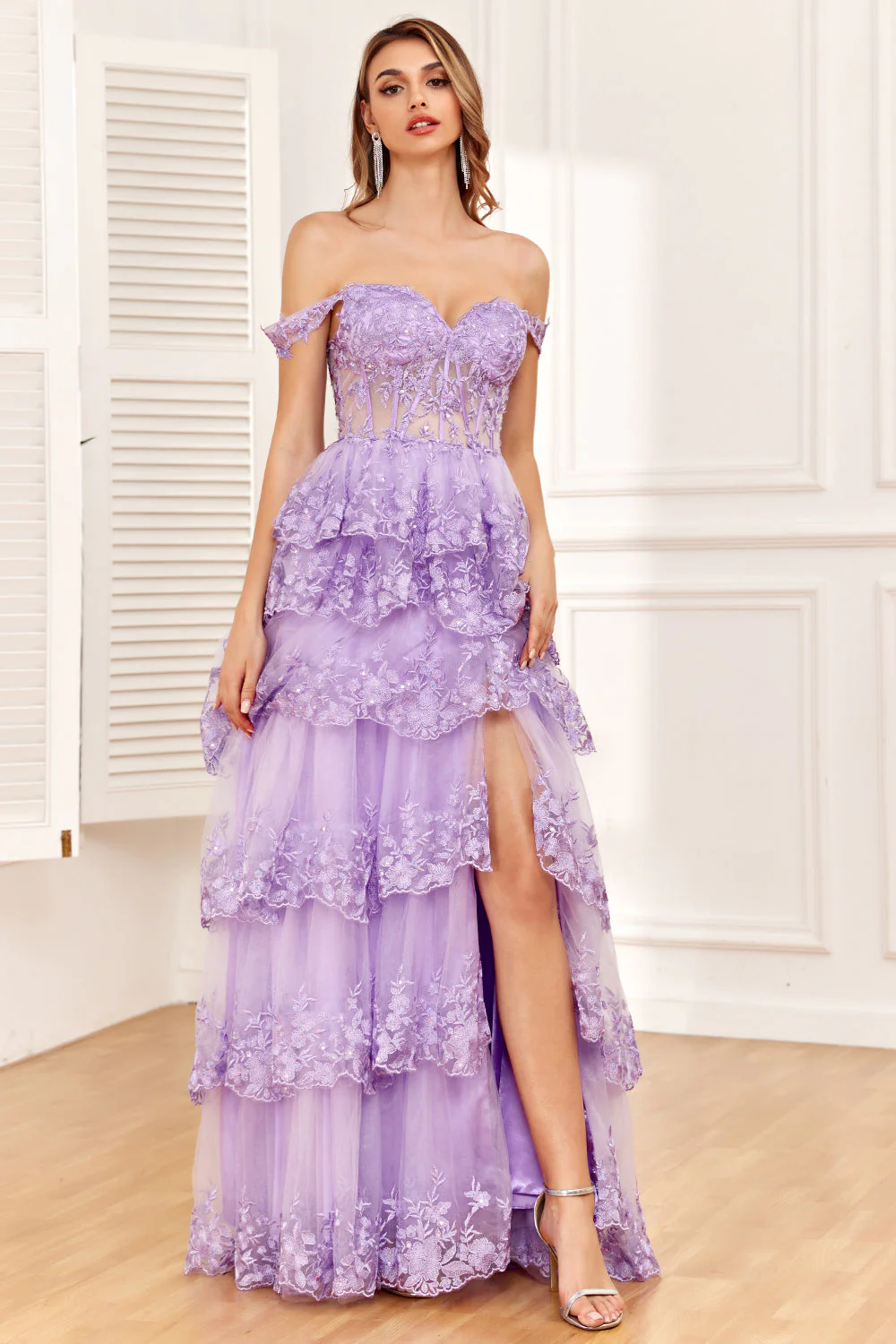 Black Off The Shoulder Tiered Prom Dress - Image 20