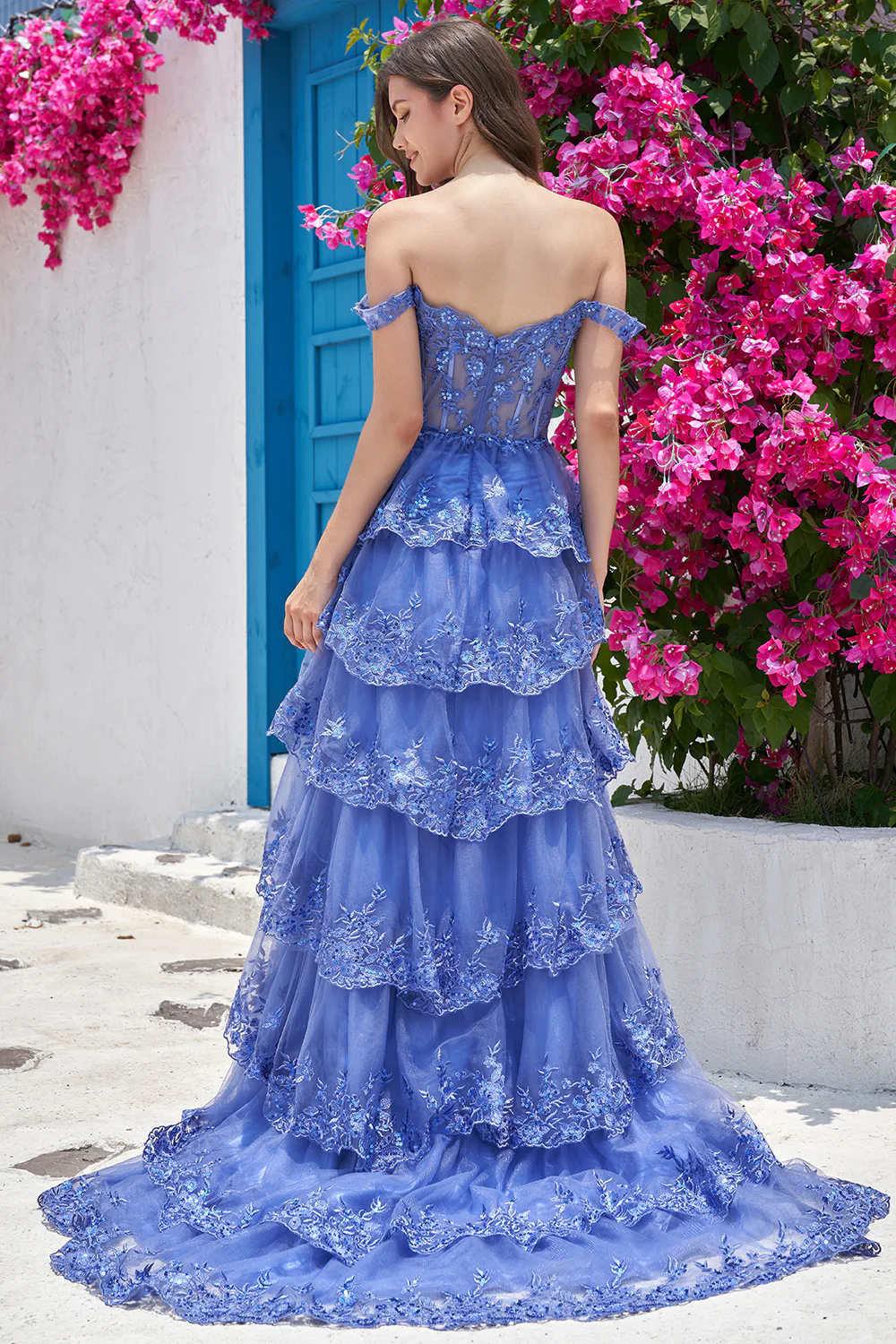 Black Off The Shoulder Tiered Prom Dress - Image 8