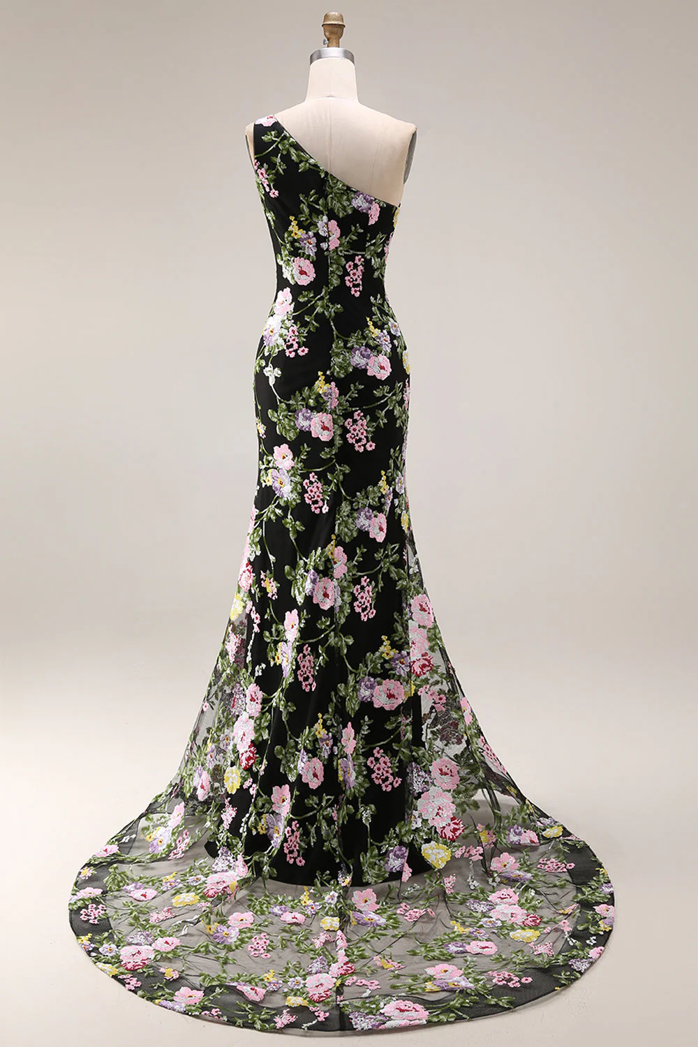 Black One Shoulder Floral Mermaid Long Prom Dress with Train - Image 2