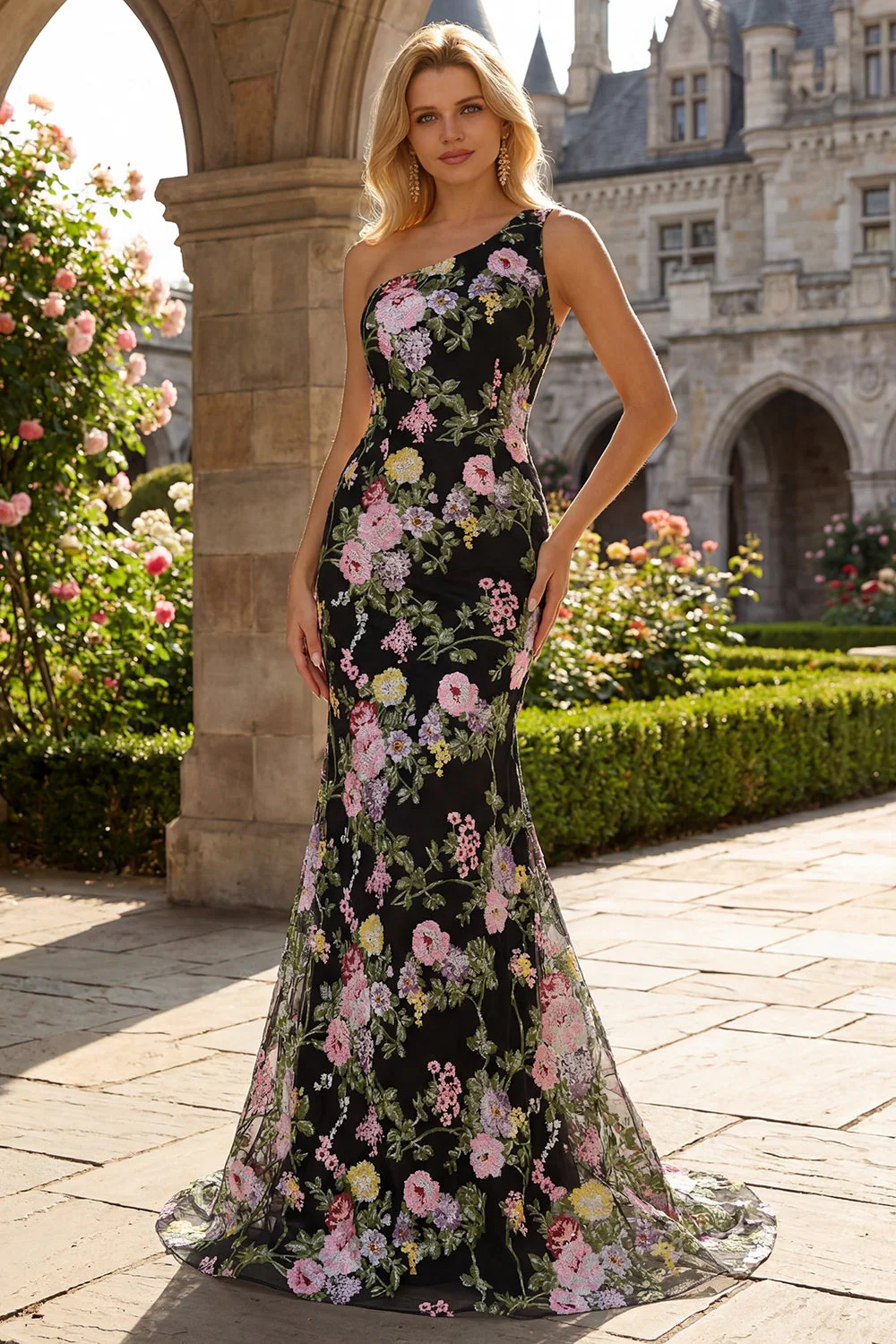 Black One Shoulder Floral Mermaid Long Prom Dress with Train - Image 3