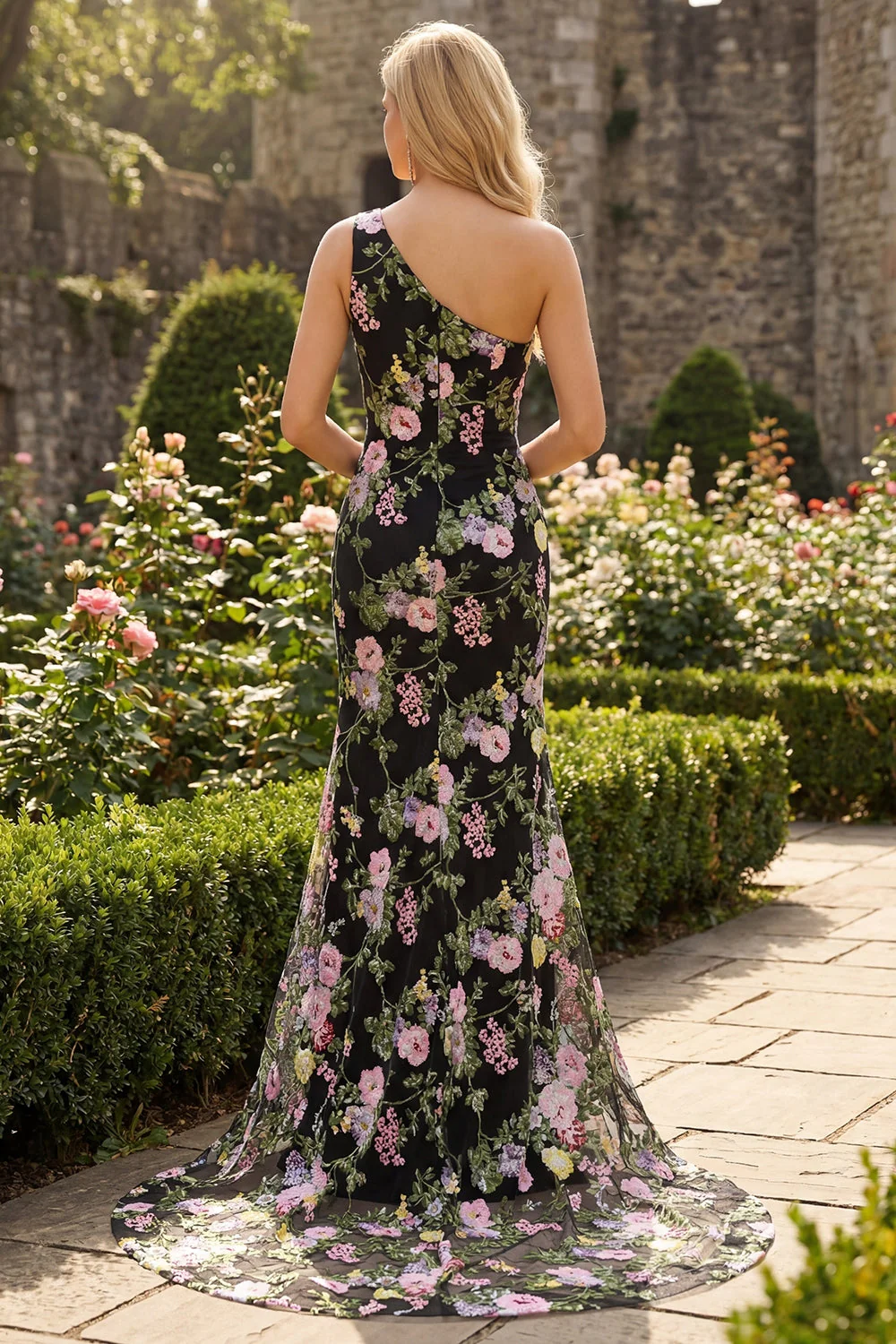 Black One Shoulder Floral Mermaid Long Prom Dress with Train - Image 4