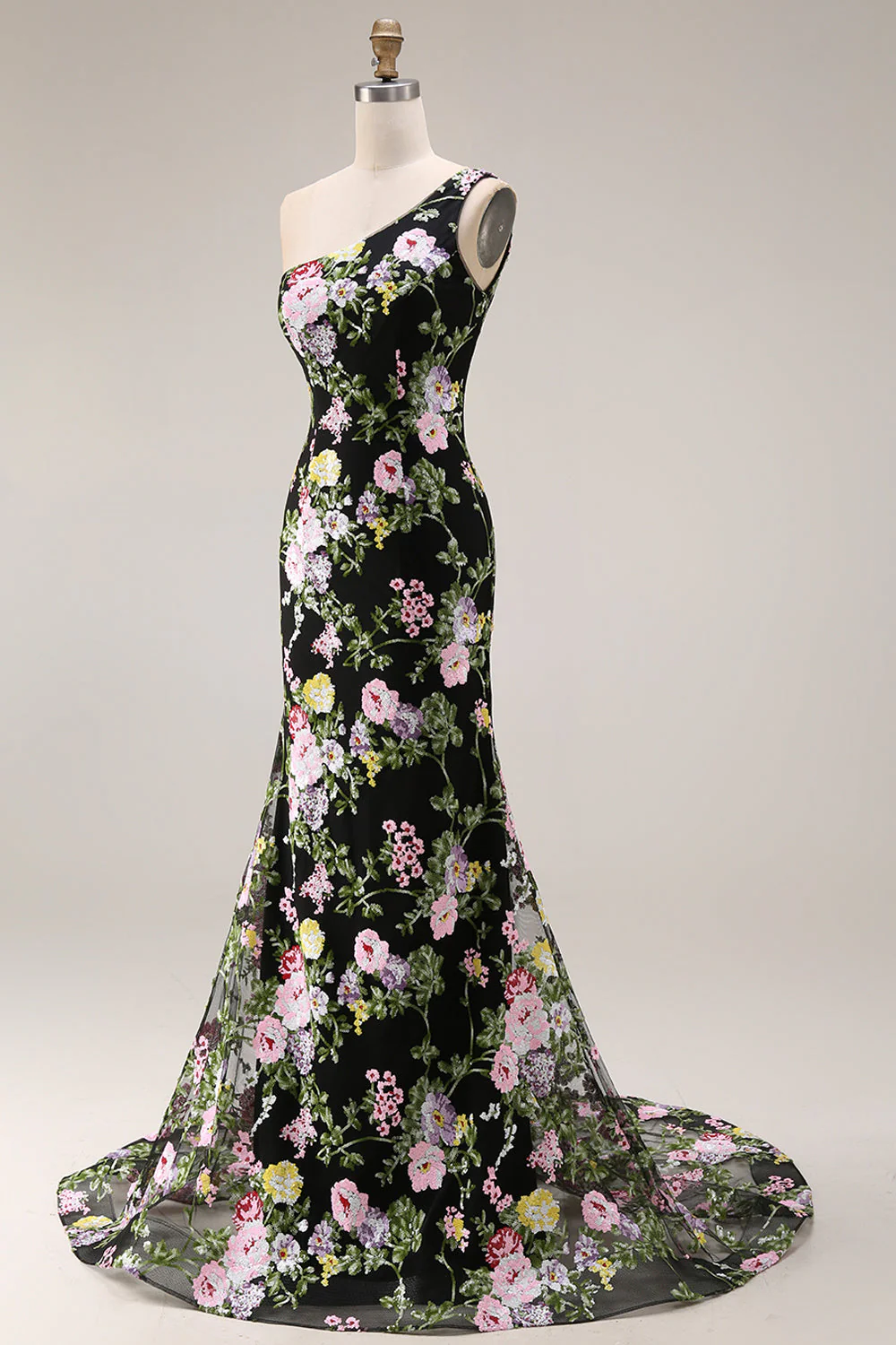 Black One Shoulder Floral Mermaid Long Prom Dress with Train - Image 5