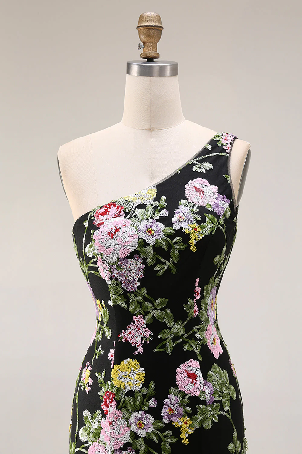 Black One Shoulder Floral Mermaid Long Prom Dress with Train - Image 6
