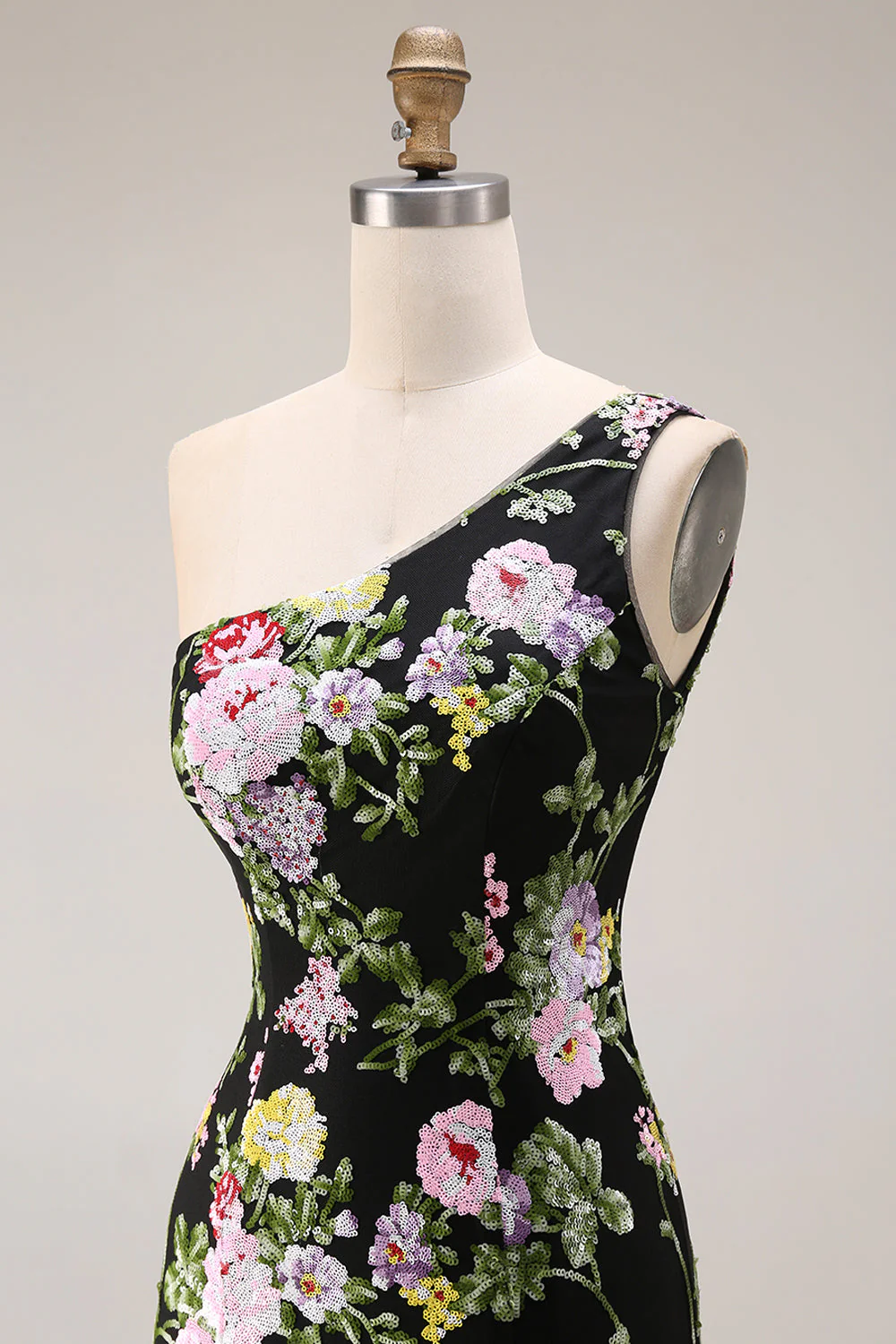 Black One Shoulder Floral Mermaid Long Prom Dress with Train - Image 7