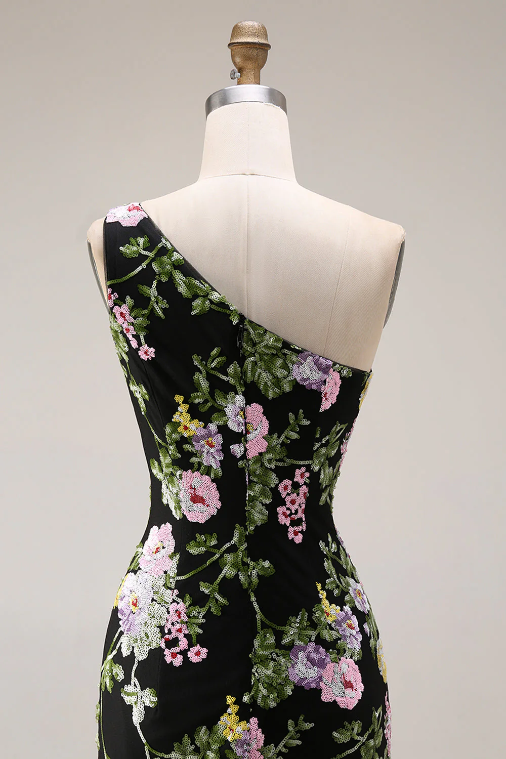 Black One Shoulder Floral Mermaid Long Prom Dress with Train - Image 8
