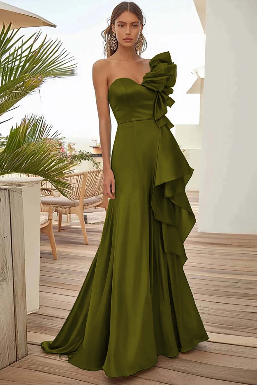 Black One Shoulder Long Evening Dress With Ruffles - Image 10