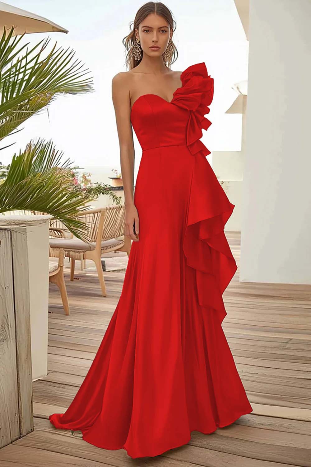 Black One Shoulder Long Evening Dress With Ruffles - Image 11