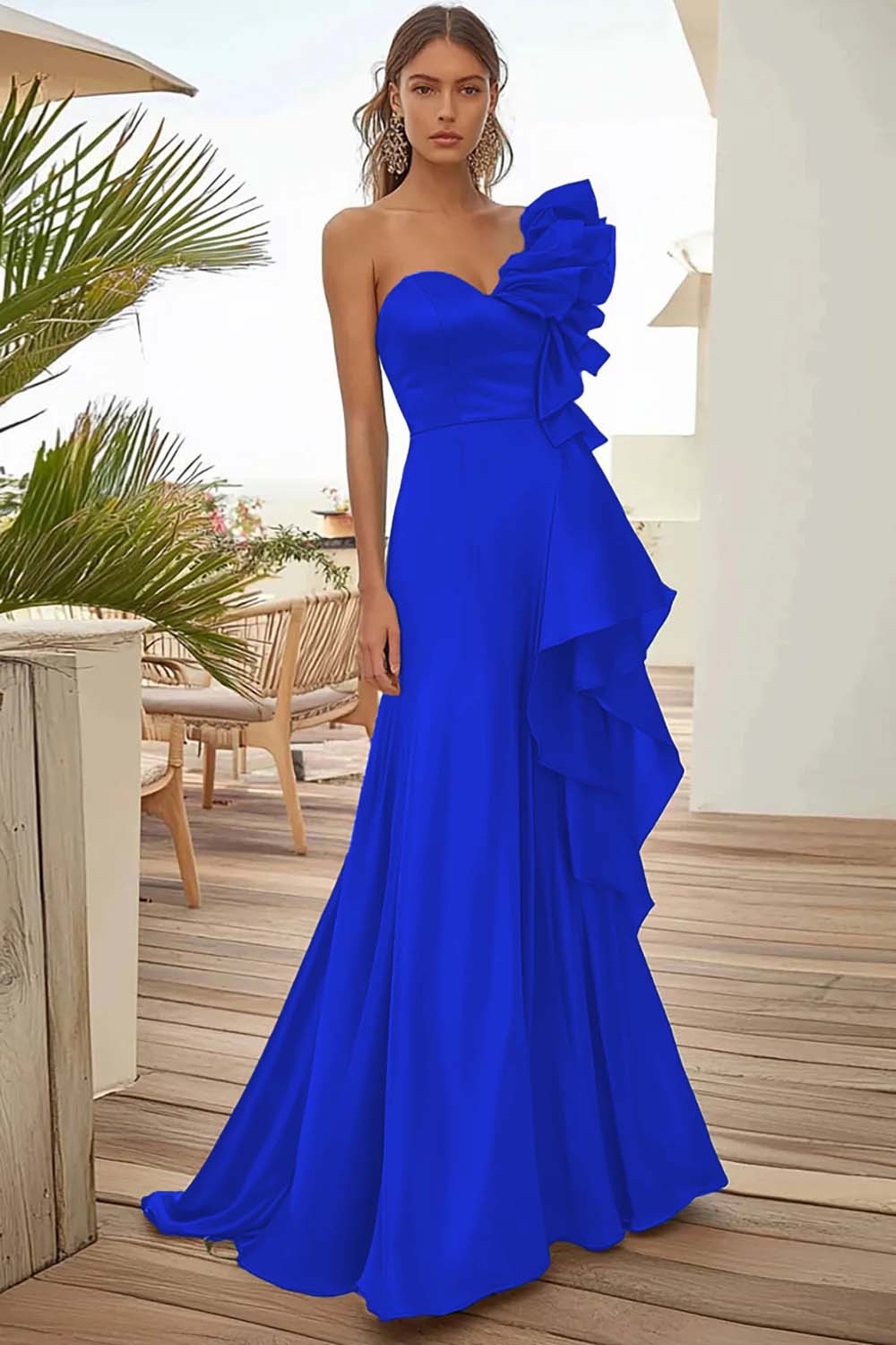 Black One Shoulder Long Evening Dress With Ruffles - Image 12