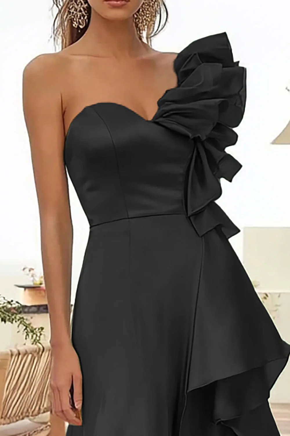Black One Shoulder Long Evening Dress With Ruffles - Image 2