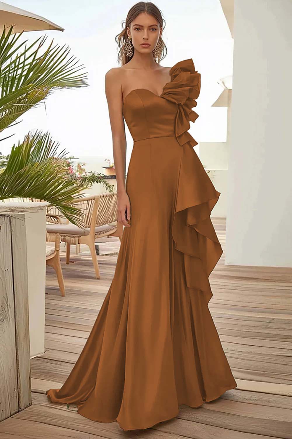 Black One Shoulder Long Evening Dress With Ruffles - Image 3